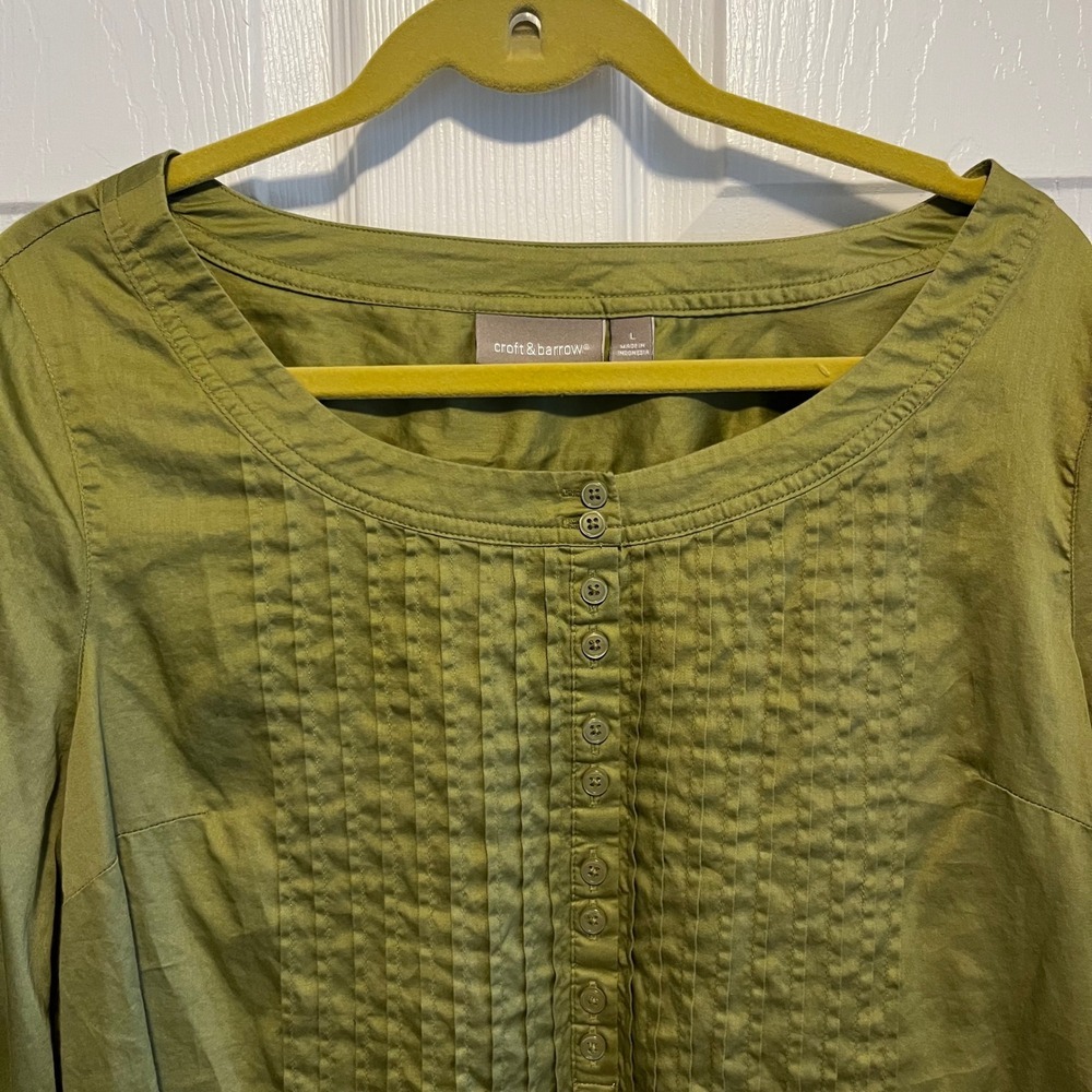Olive Green Button Front 3/4 Sleeve Pintuck Blouse Top Babydoll Size Large - Picture 7 of 8